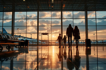 Family travel inside an airport terminal - obrazy, fototapety, plakaty