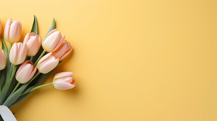 A flat lay of pink and yellow tulips arranged neatly on a bright yellow background.