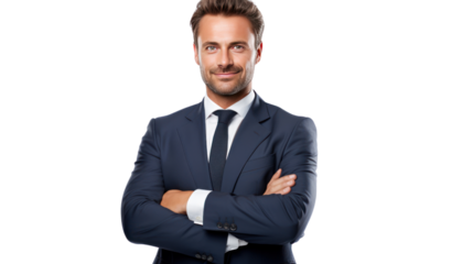 Portrait of happy businessman with arms crossed standing isolated on transparent background,PNG image.