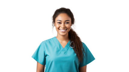 Portrait of a young nursing student standing smiling looking at the cameraisolated on transparent background,PNG image.