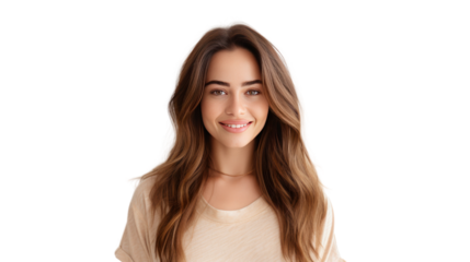Portrait of a beautiful young woman smiling and looking at camera isolated on transparent background,PNG image.