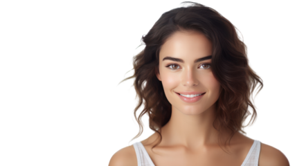 Portrait of a beautiful young woman smiling and looking at camera isolated on transparent background,PNG image.