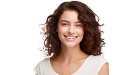 Portrait of a beautiful young woman smiling and looking at camera isolated on transparent background,PNG image.