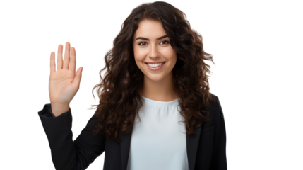 woman wave hello on freelance online conference communication isolated on transparent background,PNG image.