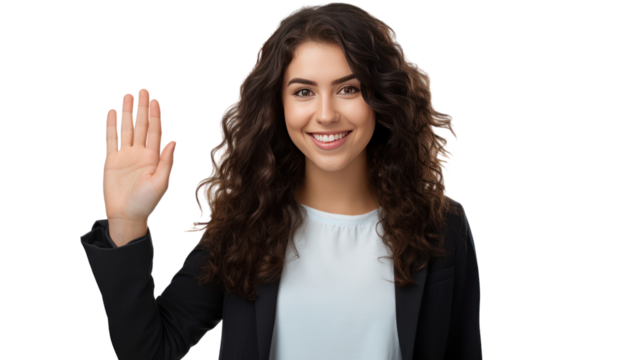 woman wave hello on freelance online conference communication isolated on transparent background,PNG image.