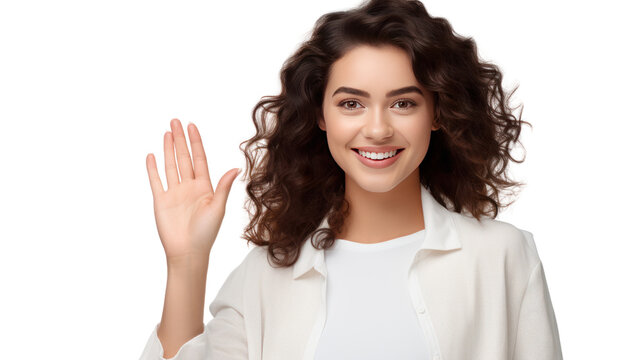 woman wave hello on freelance online conference communication isolated on transparent background,PNG image.