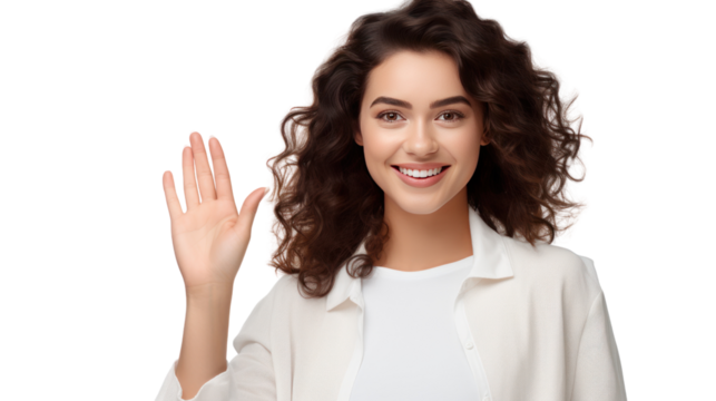woman wave hello on freelance online conference communication isolated on transparent background,PNG image.