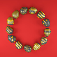 3d render of 13 black and gold easter eggs on red background. - Vacation background