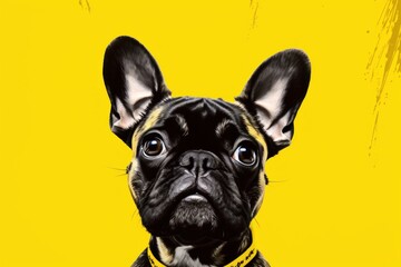 French bulldog dog with brown fur looking at camera on yellow studio background