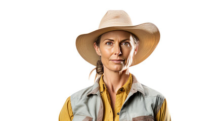 female farm owner looking at the camera isolated on transparent background,PNG image.