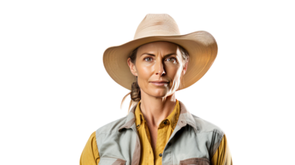 female farm owner looking at the camera isolated on transparent background,PNG image.