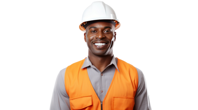 African American engineer smiling looking at camera isolated on transparent background,PNG image.