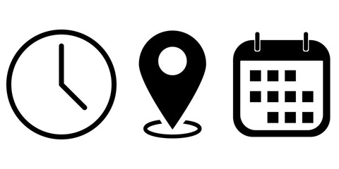 time, adress, calendar, and date icon isolated on white bg