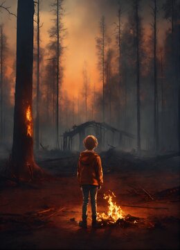 A sad childern standing in front of a burnt down forest, stunning details, scketch 8k