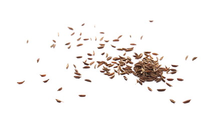 Pile of cumin, caraway seeds isolated on white, side view - obrazy, fototapety, plakaty