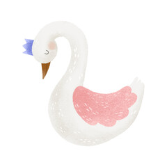 Hand painted white swan illustration. Cartoon clipart