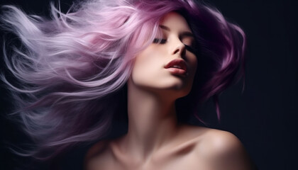 Woman with flowing lavender hair, evocative pose.
