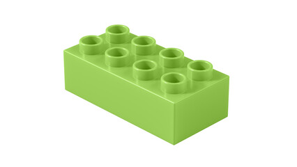 Celery Green Plastic Lego Block Isolated on a White Background. Children Toy Brick, Perspective View. Close Up View of a Game Block for Constructors. 3D illustration. 8K Ultra HD, 7680x4320, 300 dpi