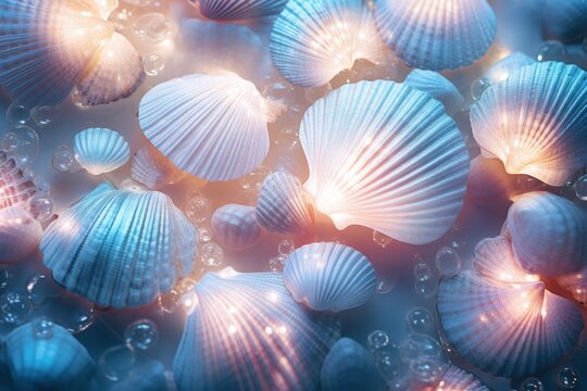 Seashells macro background. Sshells have different shapes, colors and textures, creating stunning pattern. Mermaidcore aesthetic, marine life, fantasy, fashion and beauty concept