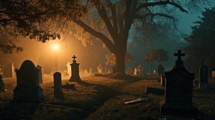 Tombstones can be seen against the background of darkness. The peaceful quiet nature of the night cemetery