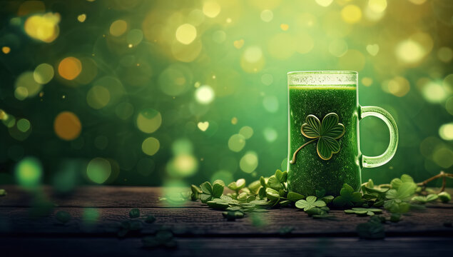 jarra de cristal con cerveza verde típica de la fiesta de san patricio en Irlanda sobre mesa de madera y fondo desenfocado verde y dorado, con espacio vacio para publicidad