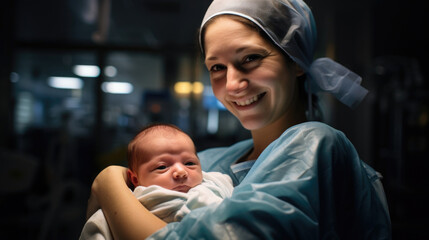 Surgeon with newborn in clinic's OR, providing compassionate care.