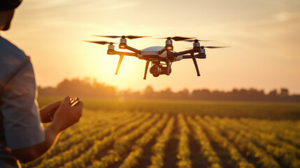 Man operates agrodrone, managing fields with precision agricultural technology.