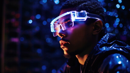 Male wearing futuristic eyewear, embodying innovation and technological advancement.