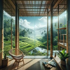 Overlooking rice paddies in the jungle view from inside a bamboo and glass 15 foot ceiling modern villa ultra realistic luxury high end