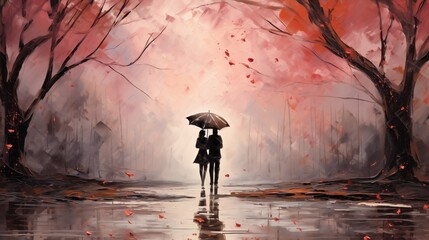 Silhouette of a man and a woman with an umbrella in the autumn forest