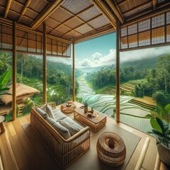 Overlooking rice paddies in the jungle view from inside a bamboo and glass 15 foot ceiling modern...