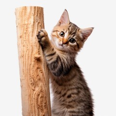 Cat sharpening claws on the scratching post on white background