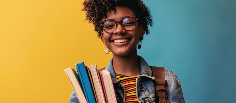 Happy student with pretty notebooks.