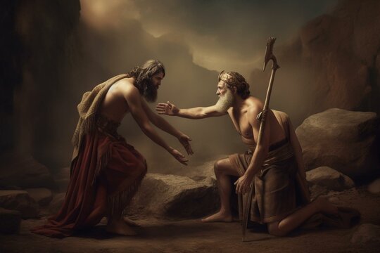 Biblical illustration of Nathan rebuking David, created in 1873 by Julius Schnorr von Carolsfeld in Russia. Generative AI