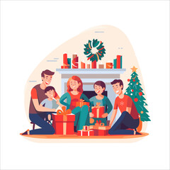 family celebrating new year with gift vector flat template