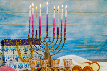 Hanukkiah Menorah candlelight during traditional celebration Hanukkah Jewish religion holiday symbol