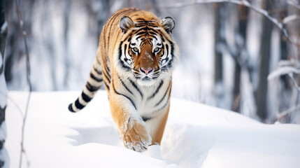 Tiger in wild winter nature running in the snow. Action wildlife scene. Generative AI