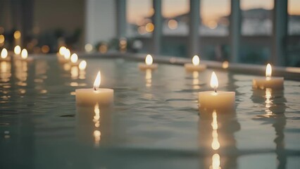 The serene sight of floating candles, their reflections ling on the calm surface of a bathtub, providing a peaceful escape from the chaos of daily life. .