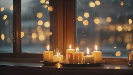 The warm glow of the candles on the windowsill, a comforting sight in the cold winter night. .