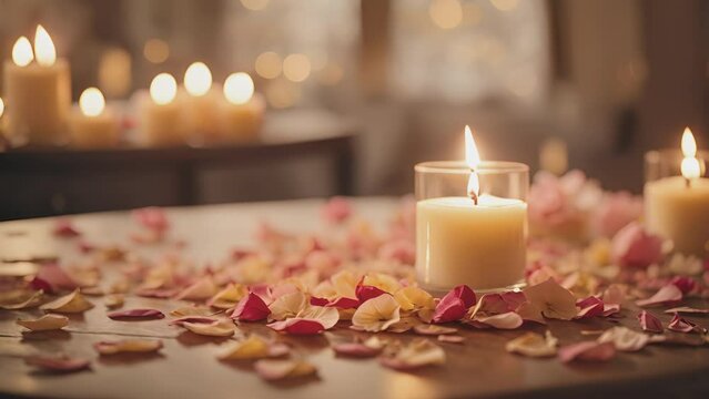 The warm, golden light from a of candles dances across a table filled with a delicate layer of rose petals, creating a dreamy ambiance. .
