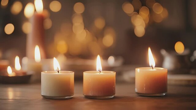 Warm and inviting, the flickering flames of two newlymade candles dance next to each other on a DIY candlemaking table. .