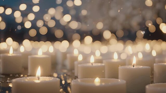 Bundles of white candles, varied in height, provide a soft and intimate ambiance as they light up the night, mirrored by the glimmering stars above. .
