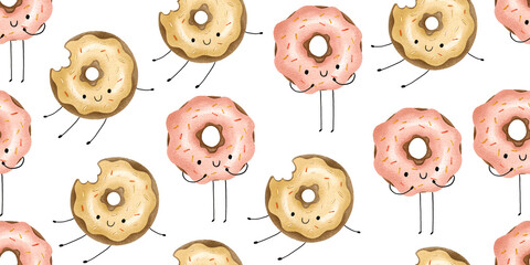 Obraz premium Cartoon donuts seamless pattern. Donut with glaze endless background