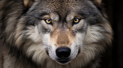 Timber wolf portrait. A close-up photo of a menacing wolf with a yellow eyes. Generative AI - obrazy, fototapety, plakaty
