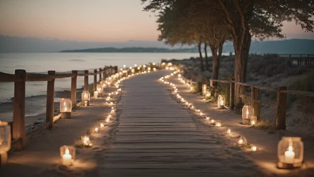 A dreamy pathway illuminated by flickering lanterns, leading to a romantic spot on the shoreline. .
