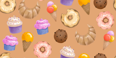 Fast food seamless pattern. Bakery and ice cream. Cute childish endless design. Hand drawn background