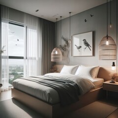 a bed room with a neatly made bed, minimalist interior design