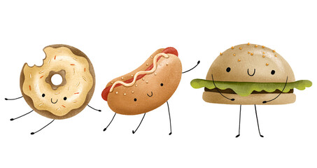 Food cartoon characters. Fast food with face and arms. Burger and hot dog. Donut with yellow glaze
