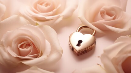 an isolated rose gold colored padlock with a heart shape on a soft roses petals