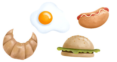 Tasty fast food hand drawn illustration on isolated background. Bakery croissant and burger. Fried egg and hotdog with sausages - obrazy, fototapety, plakaty